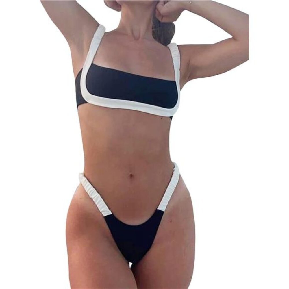 Black Bikini Set Square Neck High Cut Cheeky Sexy Two Piece Swimsuit Bathing